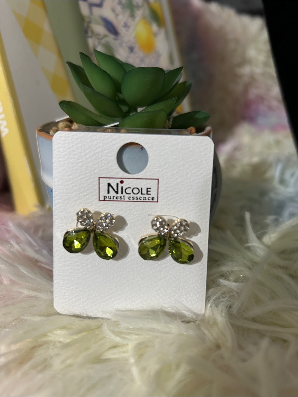Nicole Olive Green Crystal Drop Stud Earrings